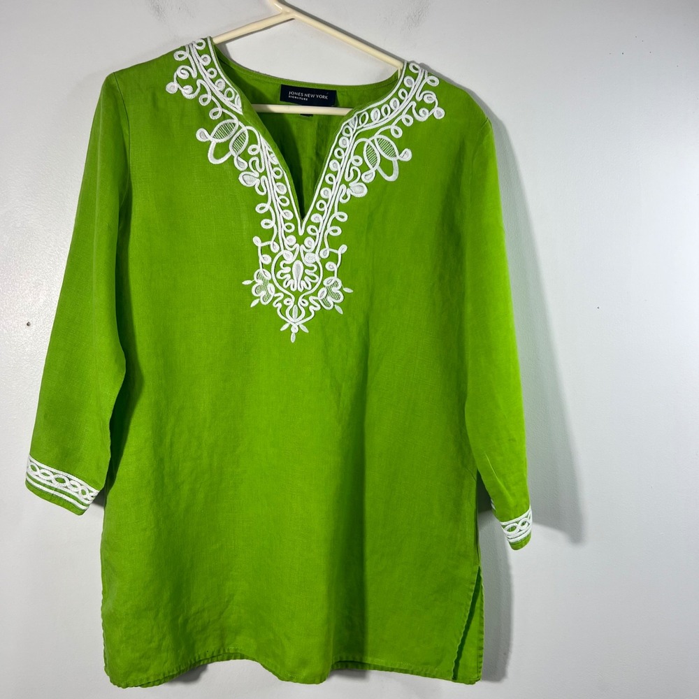 Jones New York V Neck Embroidered Linen Tunic M Lime Green White 3/4 Sleeve